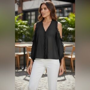 Alice + Olivia Claudette Ruffled-Trimmed Cold Shoulder Silk Blouse